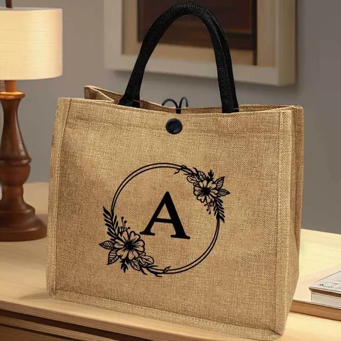 Damen Vintage Jute Leinen Tragtasche Blumenkranz Buchstaben Druck Schulterhandtasche Natürlich Lässig Strand Reise Einkaufen Grosse Kapazität Top Handle Tasche