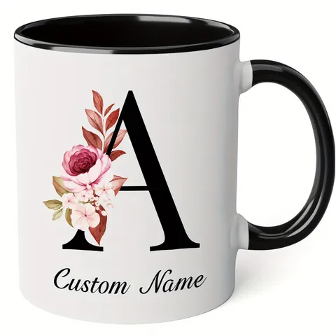 Modern Minimalist Bone China Initial Letter Floral Coffee Mug With Black Handle Office Daily Drinkware Thermal Heat Resistant Tea Cup