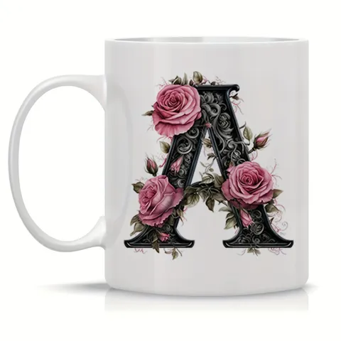 Modern Minimalist Bone China Coffee Mug With Vintage Rose Floral Monogram Letter Printed White Ceramic Tea Cup For Office Home Gift