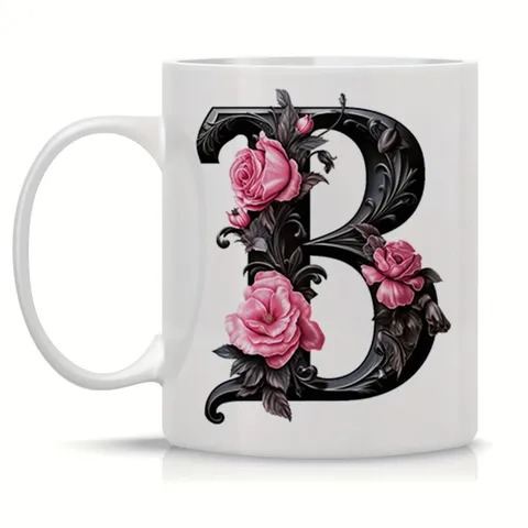 Modern Minimalist Bone China Coffee Mug With Vintage Rose Floral Monogram Letter Printed White Ceramic Tea Cup For Office Home Gift