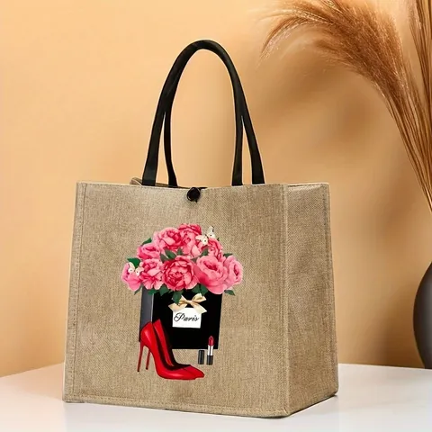 Vintage Linen Floral Printed Handbag Lightweight Burlap Tote Shopping Bag Portable Travel Gift Bag For Women