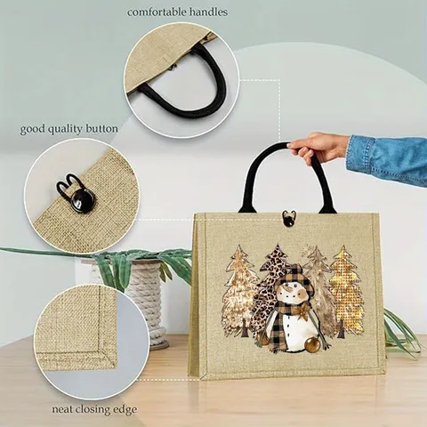 Christmas Snowman Pattern Linen Handbag For Women Vintage Jute Tote Bag With Handles Large Capacity Holiday Gift Shopping Bag
