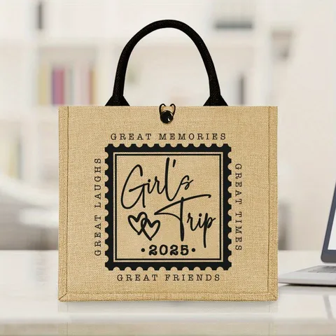 Vintage Jute Tote Bag For Women Large Capacity Durable Burlap Handbag With Stamp Slogan Print Travel Vacation Daily Shopping Shoulder Bag