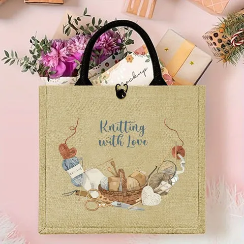 Grappige Breien Kabouter Bedrukte Natuurlijke Jute Tote Bag Vintage Cartoon Handtas Met Bovenste Handvatten Voor Kerstmis Dagelijks Unisex Tassen
