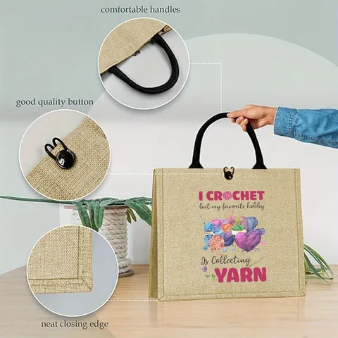 Large Capacity Jute Linen Tote Bag Durable Burlap Handbag With Woven Handle Button Closure Crochet Graphic Top Handle Shoulder Bag