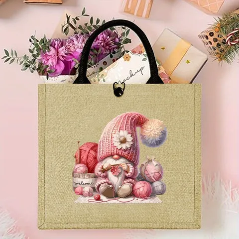 Grappige Breien Kabouter Bedrukte Natuurlijke Jute Tote Bag Vintage Cartoon Handtas Met Bovenste Handvatten Voor Kerstmis Dagelijks Unisex Tassen