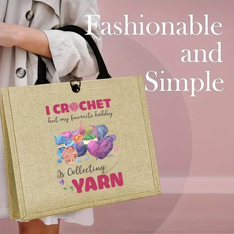 Large Capacity Jute Linen Tote Bag Durable Burlap Handbag With Woven Handle Button Closure Crochet Graphic Top Handle Shoulder Bag