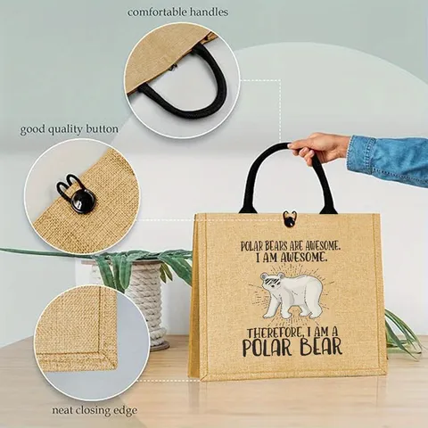 Funny Cartoon Polar Bear Printed Jute Tote Bag Vintage Woven Burlap Handbag With Black Straps Handle Button Utility Reusable Shopping Bag For Outdoor Picnic Travel Women