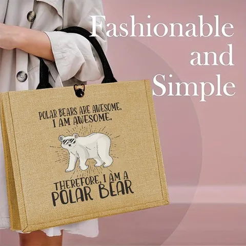 Funny Cartoon Polar Bear Printed Jute Tote Bag Vintage Woven Burlap Handbag With Black Straps Handle Button Utility Reusable Shopping Bag For Outdoor Picnic Travel Women