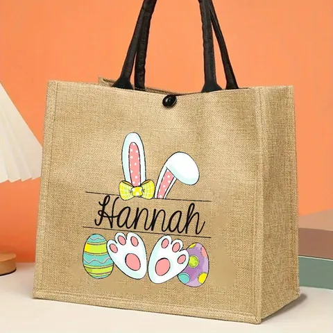 Easter Burlap Tote Bag Linen Jute Handbag With Rabbit Ears Eggs Printed Pattern Retro Festival Gift Bag For Daily Storage