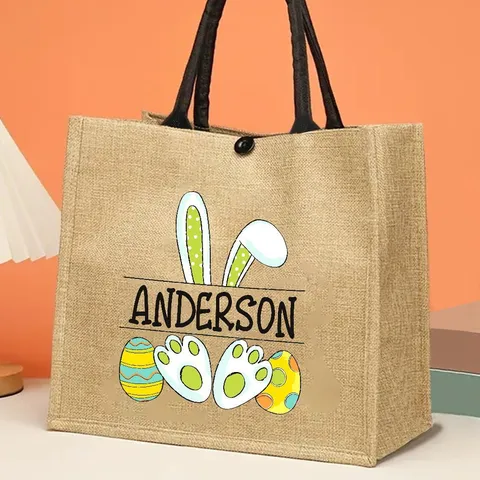 Easter Burlap Tote Bag Linen Jute Handbag With Rabbit Ears Eggs Printed Pattern Retro Festival Gift Bag For Daily Storage
