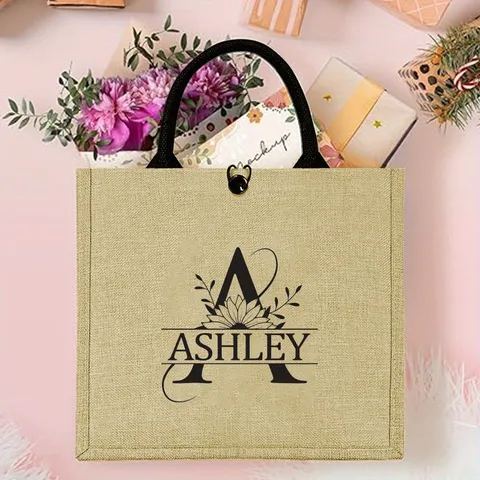 Personalisierte Leinen Jute Tragetasche Blumendruck Strandtasche Hanfseil Handtasche Große Kapazität Reisetasche Geschenkbeutel