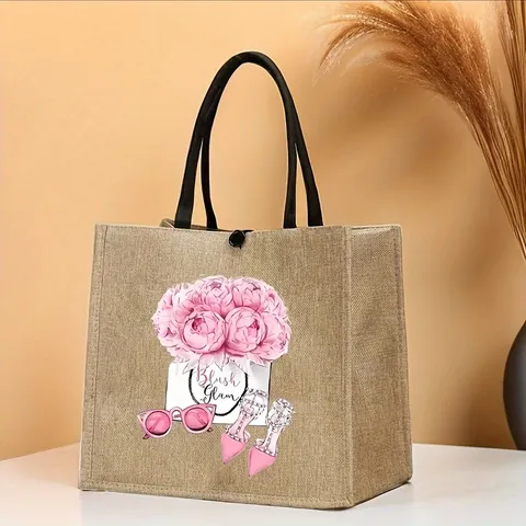 Vintage Linen Floral Printed Handbag Lightweight Burlap Tote Shopping Bag Portable Travel Gift Bag For Women