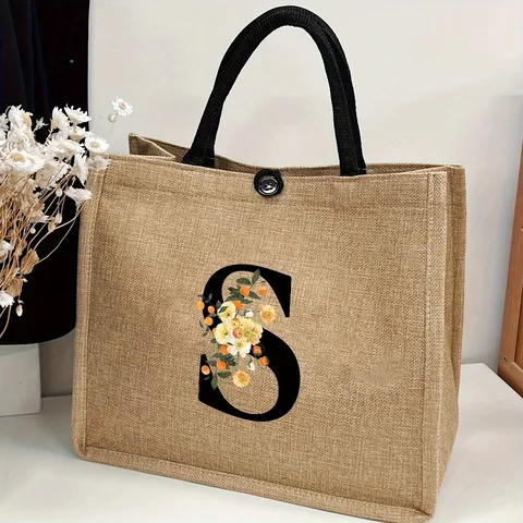 Women Vintage Jute Linen Tote Bag Floral Alphabet Graphic Print Large Capacity Handbag Casual Beach Travel Wedding Gift Bag