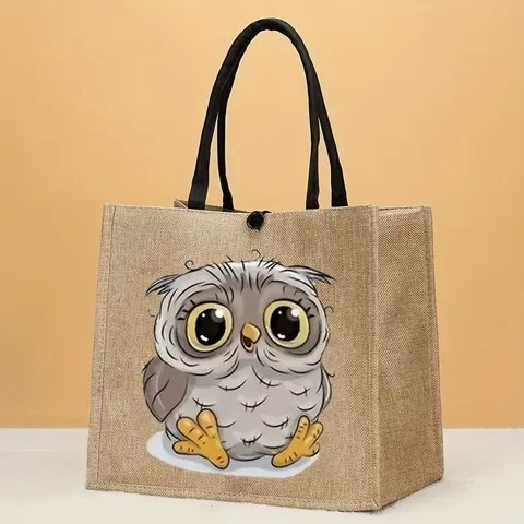 Damen Casual Leinen Tragetasche Süß Cartoon Eule Bedruckt Handtasche Große Kapazität Reisen Schultertasche Alltägliche Einkaufstasche Für Frauen