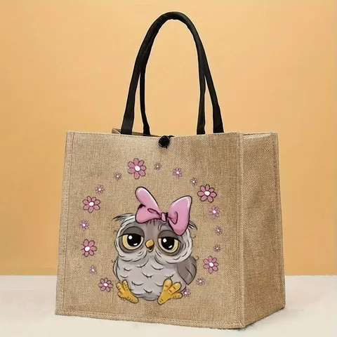Damen Casual Leinen Tragetasche Süß Cartoon Eule Bedruckt Handtasche Große Kapazität Reisen Schultertasche Alltägliche Einkaufstasche Für Frauen