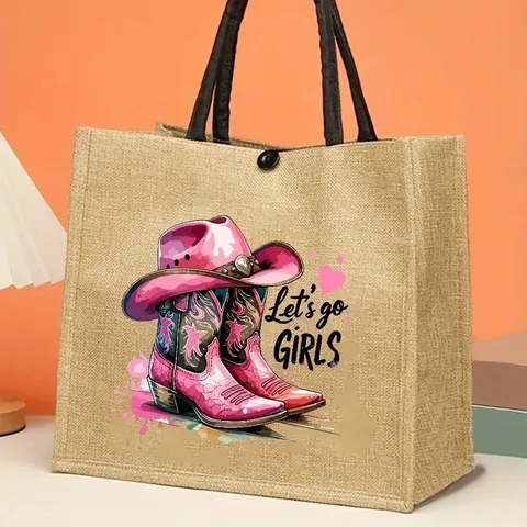 Retro Linen Tote Bag Women Large Capacity Hand-Drawn Graphic Printed Letter Top Handle Shopping Shoulder Bag Casual Daily Work Bags