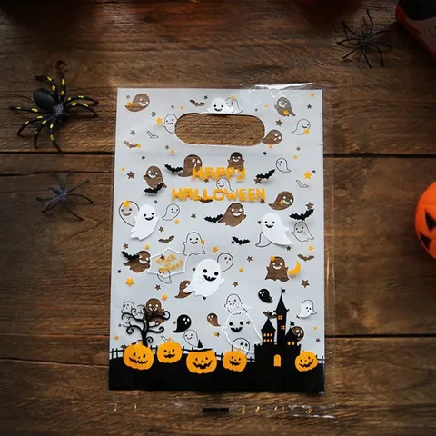 Halloween Cartoon Pumpkin Ghost Plastic Gift Bag Frosted Clear Die-Cut Handle Goodie Bag For Kids Treat Holiday Party Supplies