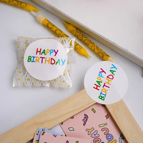 Hand-Drawn Happy Birthday Self-Adhesive Stickers Round Coated Paper Seals For Gift Packaging Party Envelope Decoration Labels