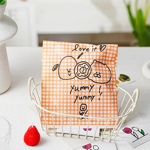 Ins Style Cute Cartoon Bear Orange Plaid Greaseproof Paper Bags Food Baking Packaging For Cookie Candy Biscuit Gift