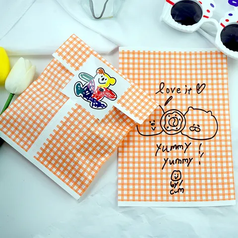 Ins Style Cute Cartoon Bear Orange Plaid Greaseproof Paper Bags Food Baking Packaging For Cookie Candy Biscuit Gift