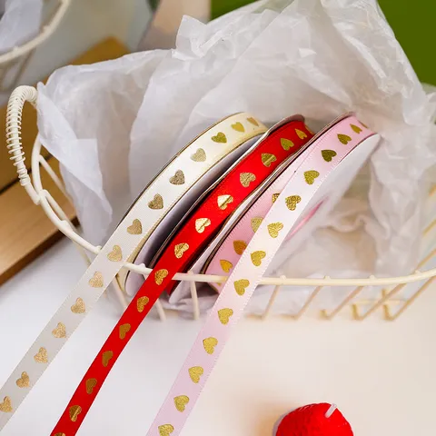 Cute Heart Hot Stamping Satin Ribbon Gold Foil Pattern Decorative Fabric Ribbon For Valentine Day Bakery Gift Wrapping