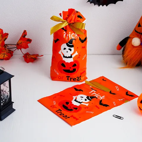 Halloween Pumpkin Ghost Drawstring Gift Bags Cartoon Candy Treat Bags Festive Party Goodie Bags Plastic Wrap Bag With Ribbon