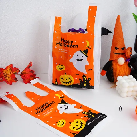 Halloween Plastic Gift Bags Cartoon Pumpkin Ghost Printed Festival Packing Shopping T-Shirt Bags For Holiday Party Favor Treats Packaging Bags