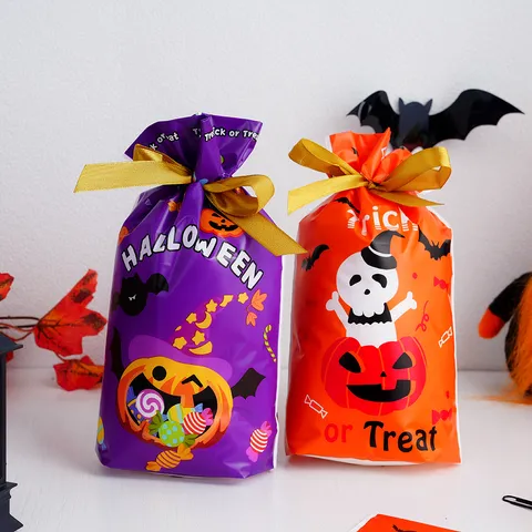 Halloween Pumpkin Ghost Drawstring Gift Bags Cartoon Candy Treat Bags Festive Party Goodie Bags Plastic Wrap Bag With Ribbon