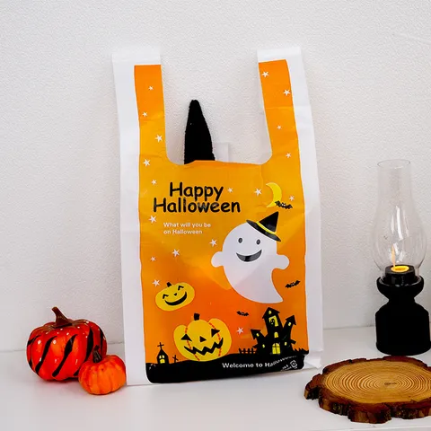 Halloween Plastic Gift Bags Cartoon Pumpkin Ghost Printed Festival Packing Shopping T-Shirt Bags For Holiday Party Favor Treats Packaging Bags