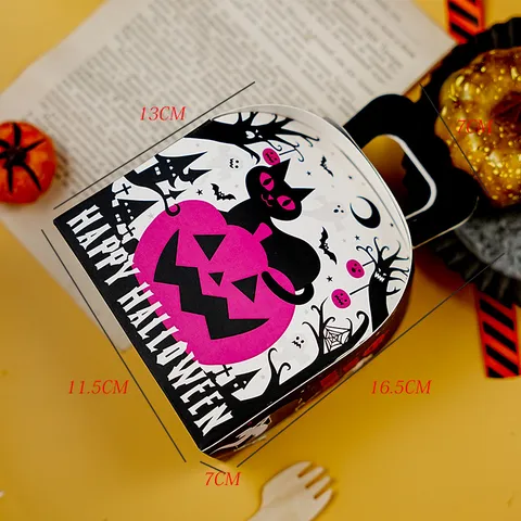 Halloween Pumpkin Paper Packaging Box With Handheld Handle Cartoon Cat Bat Pattern Festival Candy Cookie Gift Box Decor