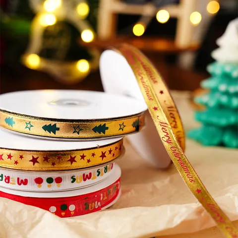 Christmas Gold Satin Ribbon For Gift Box Wrapping Merry Christmas Tree Star Pattern Double Sided Decorative Packaging Rope