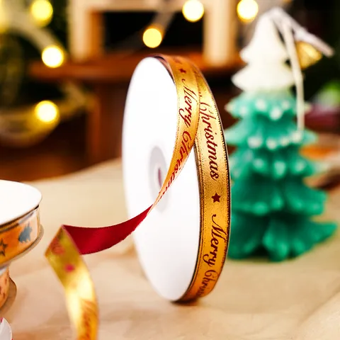 Christmas Gold Satin Ribbon For Gift Box Wrapping Merry Christmas Tree Star Pattern Double Sided Decorative Packaging Rope