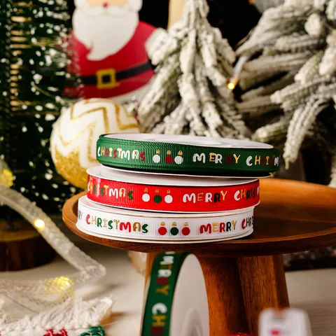 Christmas Grosgrain Ribbon Polyester Festive Holiday Present Gift Wrapping Ribbon Printed Merry Christmas Lettering Decorative Craft Ribbon for Holiday Decor