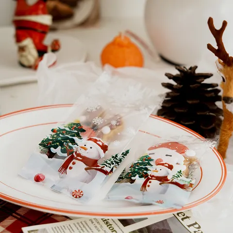 Weihnachten Transparente Kunststoff Süßigkeiten Geschenktüten Cartoon Weihnachtsmann Schneemann Druck Kekse Verpackungsbeutel Festliche Party Artikel