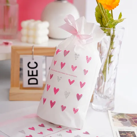 Valentine Day Drawstring Gift Bag Heart Pattern Plastic Packaging Bag For Cookies Candy Nougat Snowflake Crisp Gift Wrapping