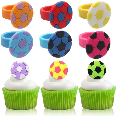 Colorful Dopamine Soccer Ring PVC Soft Rubber Candy Color Football Finger Rings For Kids Toy Party Gift Cake Decoration