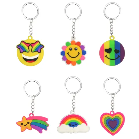 Kreativer Regenbogen Schlüsselanhänger Cartoon Smile Face Stern Herz PVC Weichgummi Tasche Charm Für Valentinstag Auto Schlüsselring Geschenk