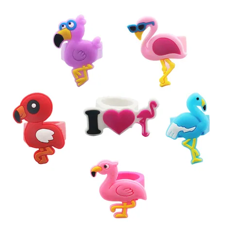 Cute Flamingo PVC Silicone Open Ring Cartoon Animal Shaped Heart Rings For Toddler Kids Kindergarten Holiday Gift Party Jewelry