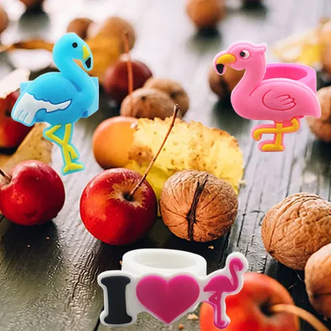 Cute Flamingo PVC Silicone Open Ring Cartoon Animal Shaped Heart Rings For Toddler Kids Kindergarten Holiday Gift Party Jewelry
