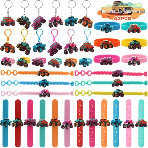 Mignon Dessin Animé Camion Monstre Cadeaux de Fête Ensemble Bracelet Slap en PVC Souple Silicone Bague Porte-Clés Jouet Anniversaire Enfants