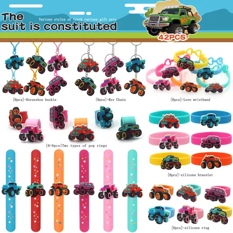 Mignon Dessin Animé Camion Monstre Cadeaux de Fête Ensemble Bracelet Slap en PVC Souple Silicone Bague Porte-Clés Jouet Anniversaire Enfants