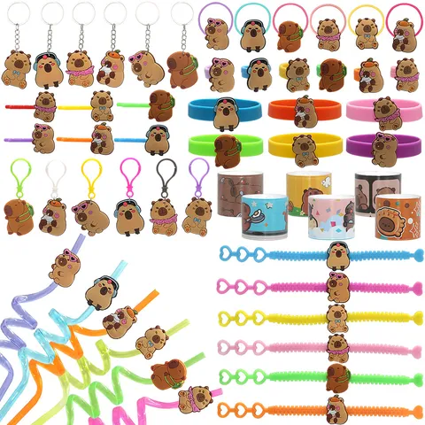 Süßes Wasserschwein Karikatur Spiel Schmuck Zubehör Set PVC Weichgummi Schlüsselanhänger Armband Ring Trinkhalm Deko Geschenk Für Kinder