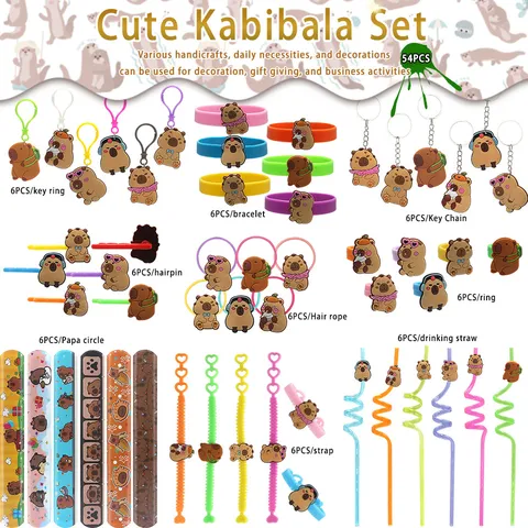 Süßes Wasserschwein Karikatur Spiel Schmuck Zubehör Set PVC Weichgummi Schlüsselanhänger Armband Ring Trinkhalm Deko Geschenk Für Kinder