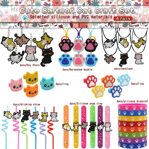 Süßes Cartoon Katzenpfote Bastelset PVC Silikon Farbige Accessoires Anhänger Ringe Halsketten Strohhalme Stirnbänder Kinder Party Mitbringsel Geschenk