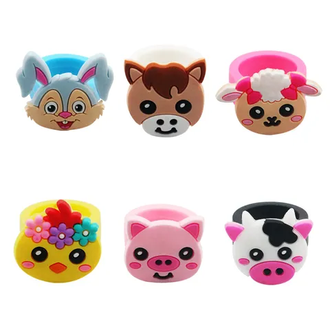 Süße Cartoon Nutztier PVC Weichgummi Ringe Für Kinder Bunte Schwein Kuh Schaf Kaninchen Küken Verstellbare Fingerringe Spielzeug Geschenk