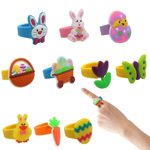 Ostern Cartoon PVC Ringe Für Kinder Niedlichen Kaninchen Küken Osterei Karotte Geformt Verstellbare Band Ringe Für Festival Party Gefälligkeiten Geschenk Dekorative Spielzeug