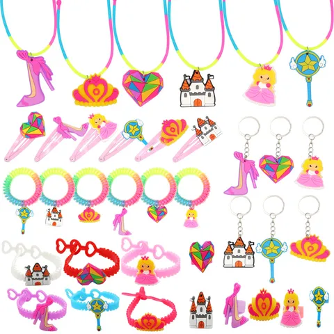 Kinder Cartoon PVC Weichgummi Schmuck Set Süße Prinzessin Krone Schloss Anhänger Halskette Ring Armband Haarschmuck Party Geschenk Spielzeug Für Mädchen
