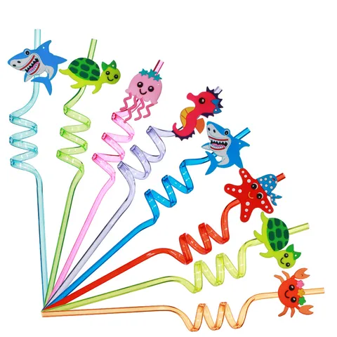 Pajitas Rizadas de Animales Marinos de Dibujos Animados Pajitas en Espiral Reutilizables de Plástico PVC para Fiesta