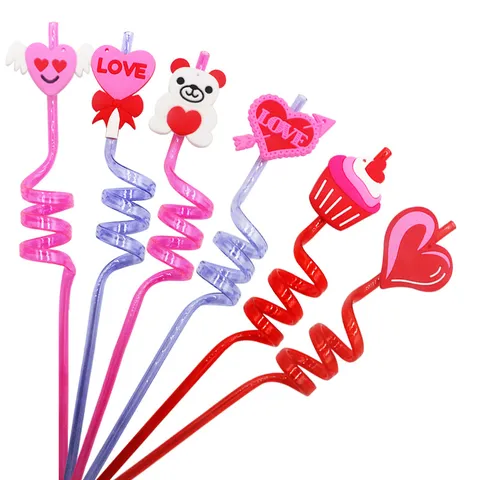 Pajitas Reutilizables de Plástico para el Día de San Valentín de Dibujos Animados Lindo Corazón Oso Adorno Desmontable de PVC Pajitas en Espiral Rizado para Niños Bar Fiesta de Cumpleaños Decoración